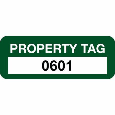 LUSTRE-CAL Property ID Label PROPERTY TAG Polyester Green 2in x 0.75in  Serialized 0601-0700, 100PK 253744Pe1G0601